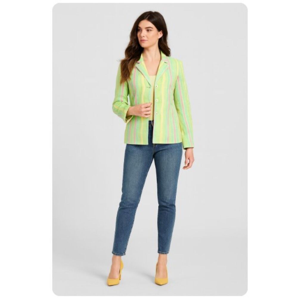 JM Studio by John Meyer Blazer Green Yellow Pink Striped Lined Jacket Womens 12P